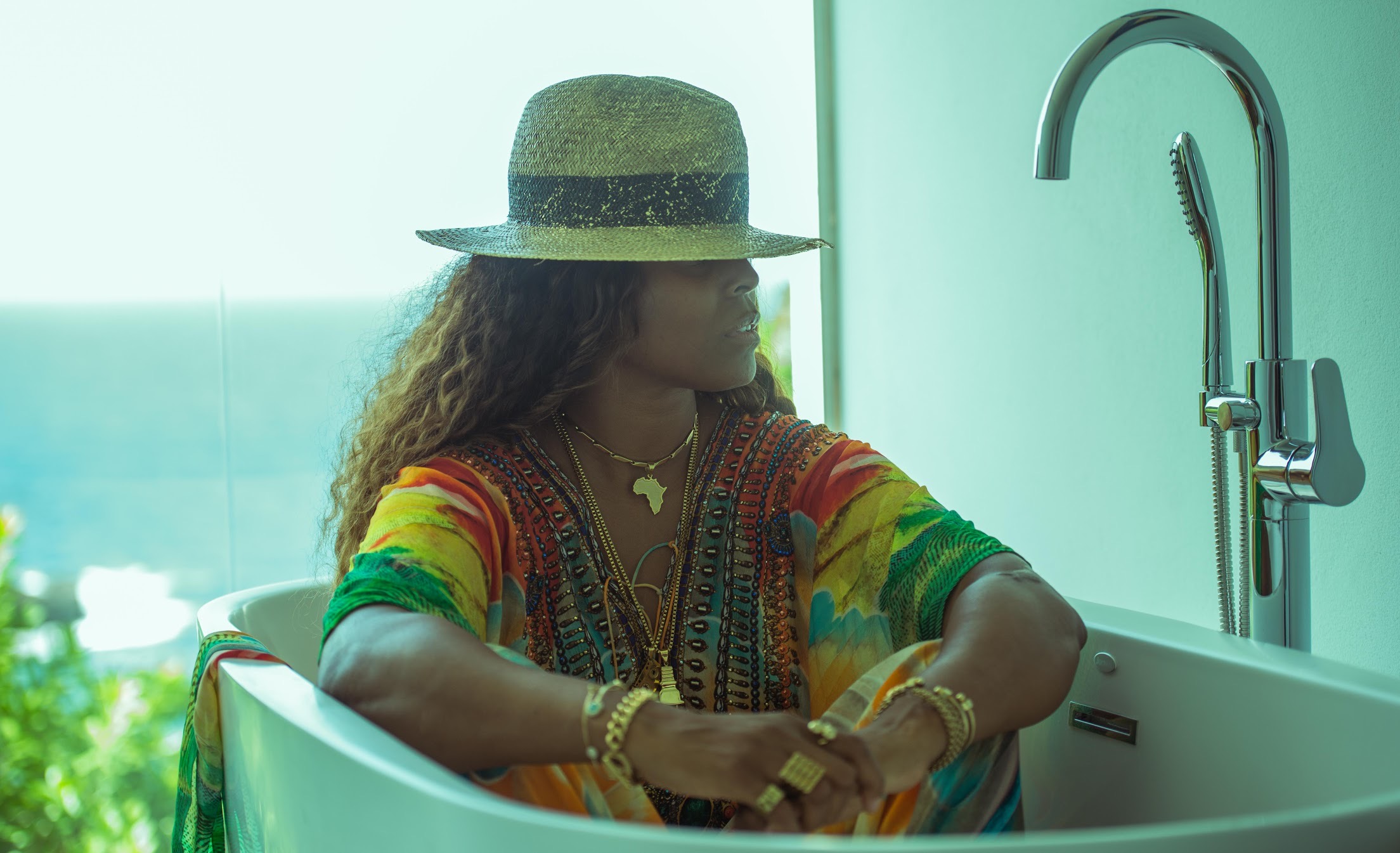 Angela Hunte in a colorful kaftan